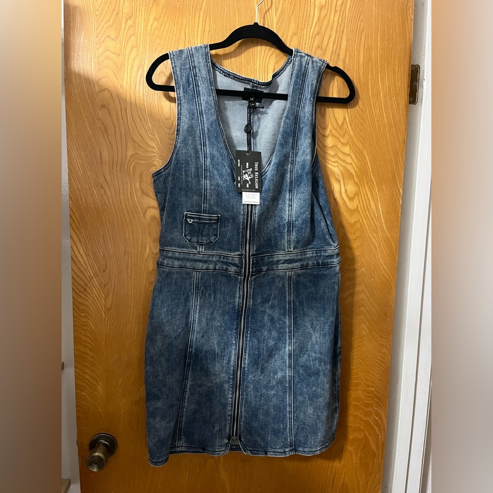 True Religion zip up Blue denim/jean Sheath Midi Dress XL - Picture 2 of 11